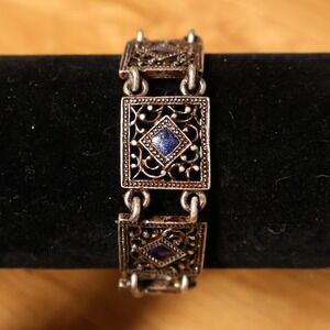 Filigree Panel Bracelet Womens Adjustable Blue Silver Tone Gothic Victorian Boho